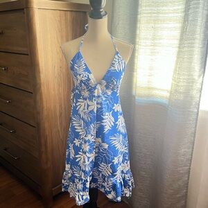 Elegant Blue and White Floral Halter Dress